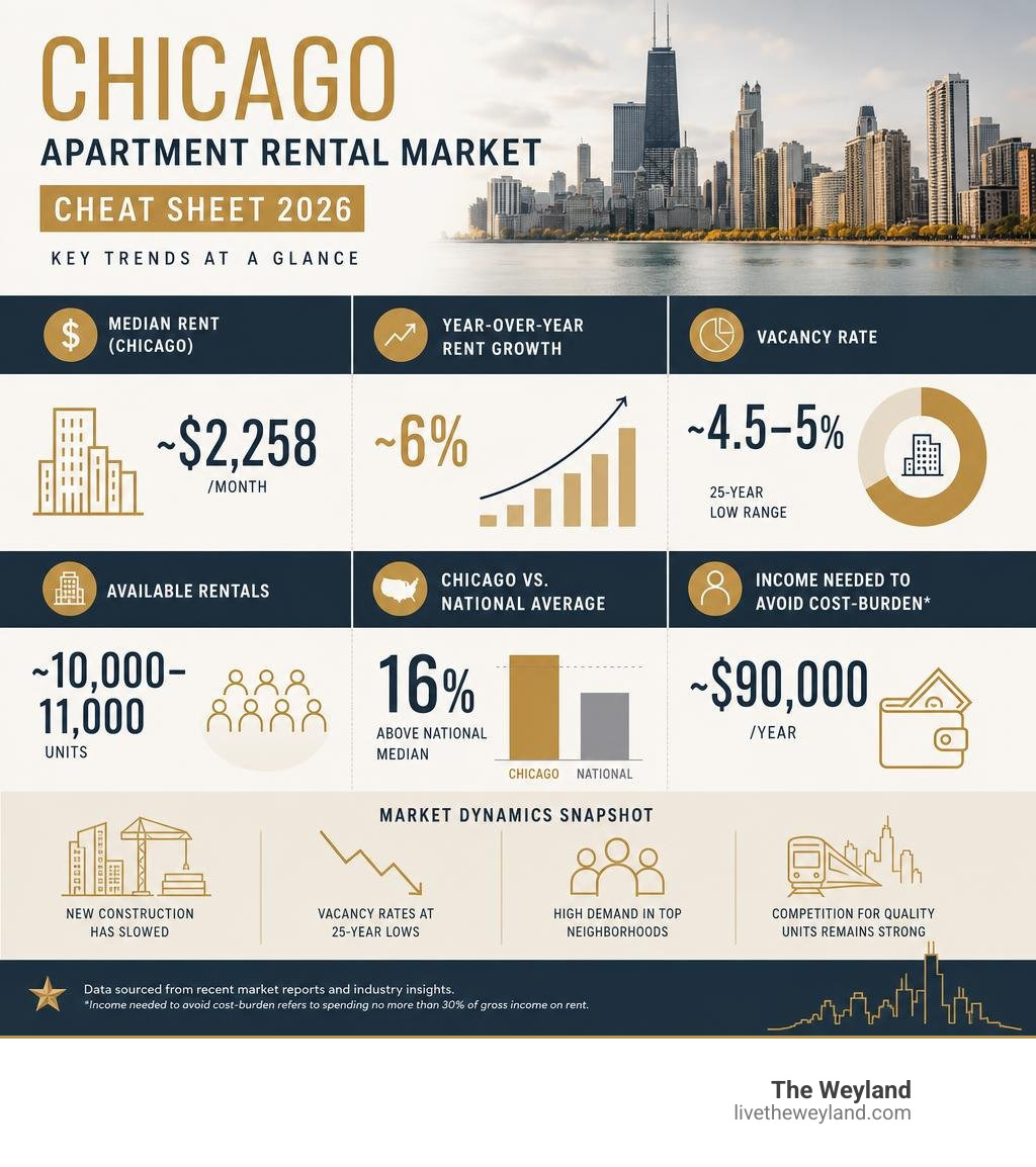 Chicago apartment rental market dynamics infographic showing rent trends vacancy rates and affordability metrics infographic