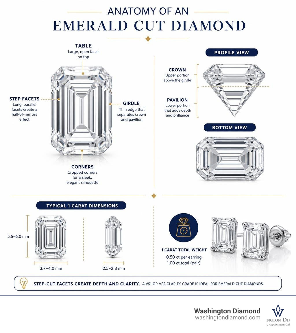 Infographic showing anatomy of an emerald cut diamond including step facets, table, pavilion, and typical 1ct dimensions