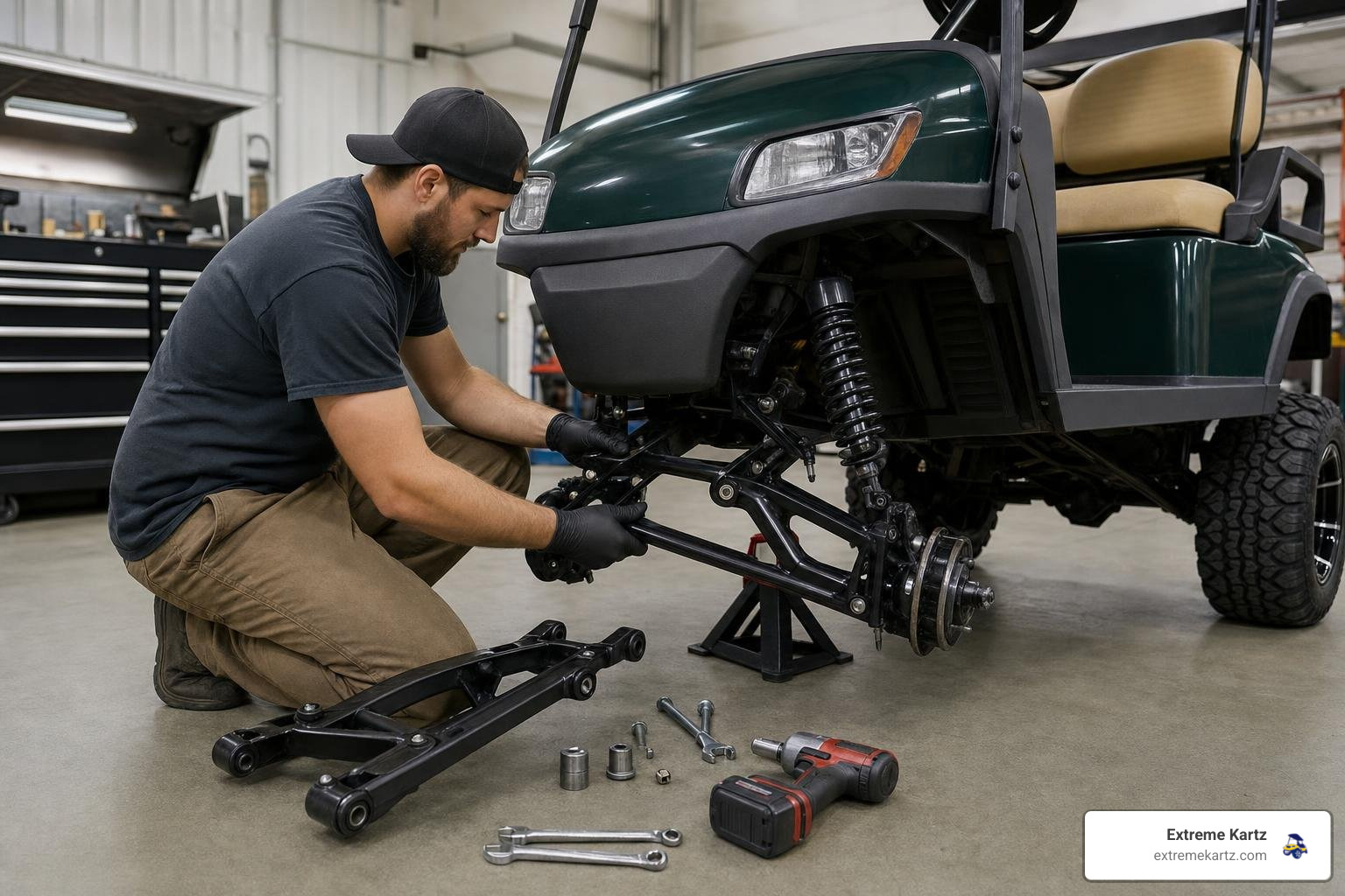 A mechanic installing a heavy-duty A-arm lift kit on a golf cart in a well-lit garage