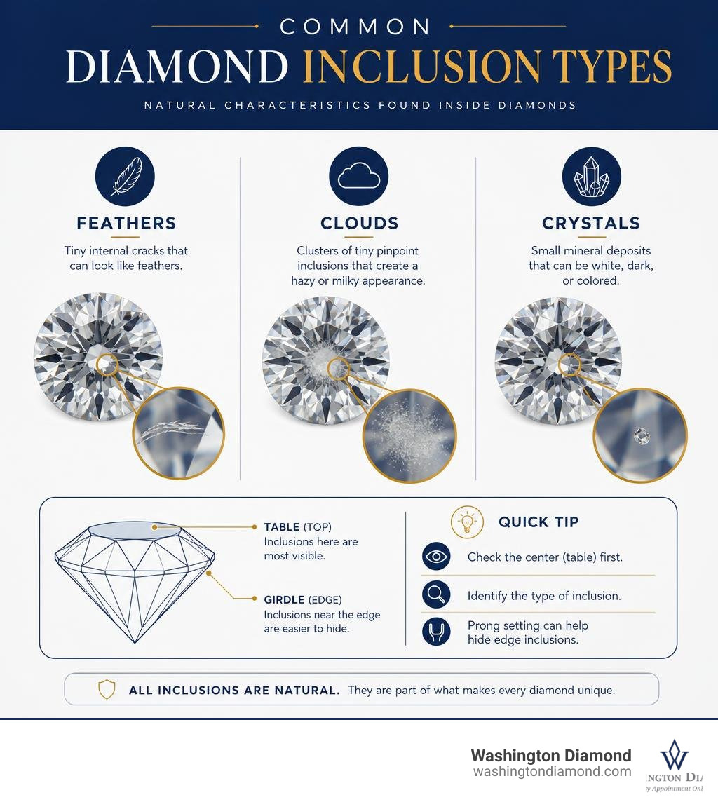 Infographic showing common diamond inclusion types like feathers, clouds, and crystals infographic Infographic showing common diamond inclusion types like feathers, clouds, and crystals infographic