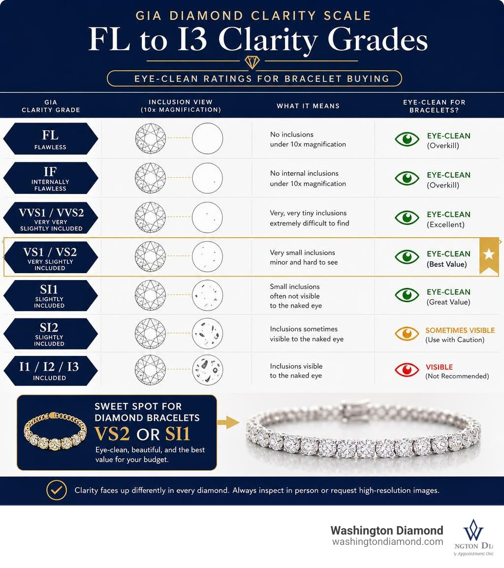 GIA diamond clarity scale grades FL to I3 with eye-clean ratings for bracelet buying infographic GIA diamond clarity scale grades FL to I3 with eye-clean ratings for bracelet buying infographic