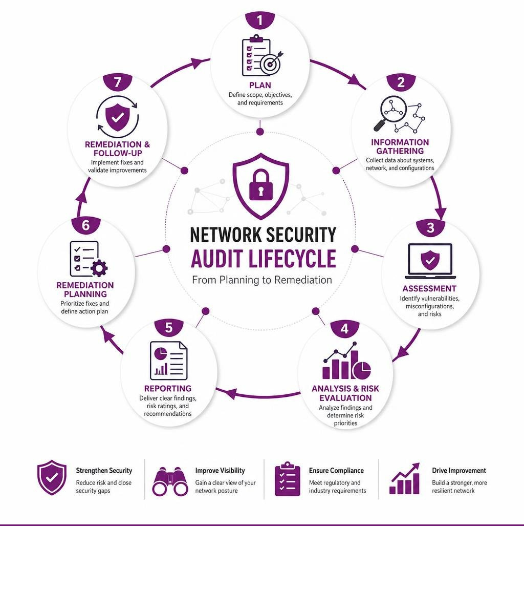 Infographic showing the step-by-step lifecycle of a network security audit from planning to remediation