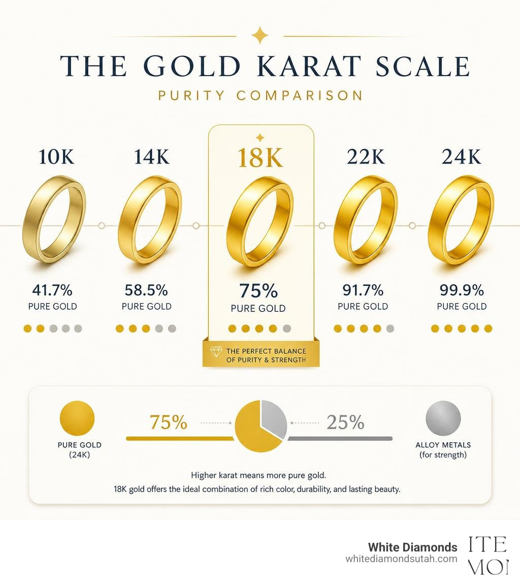 Infographic showing the karat scale from 10k to 24k gold with purity percentages and 18k gold highlighted infographic