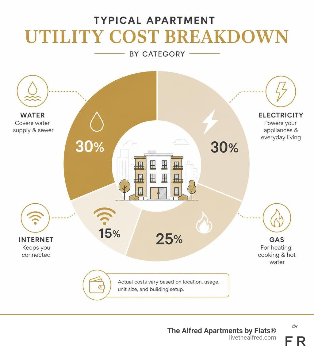 Infographic showing typical apartment utility cost breakdown by category including water, electricity, gas, and internet