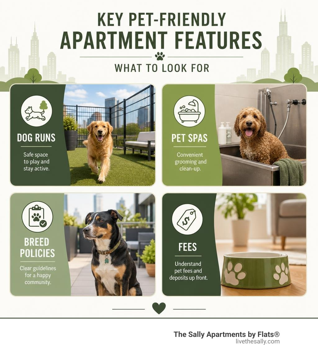 Infographic showing key pet-friendly apartment features: dog runs, pet spas, breed policies, and fees infographic