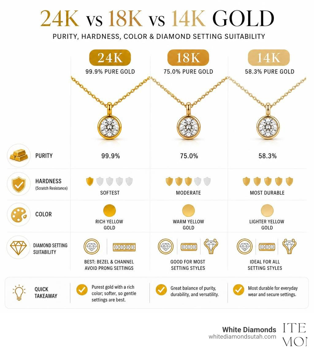 Infographic comparing 24K, 18K, and 14K gold purity, hardness, color, and diamond setting suitability infographic Infographic comparing 24K, 18K, and 14K gold purity, hardness, color, and diamond setting suitability infographic