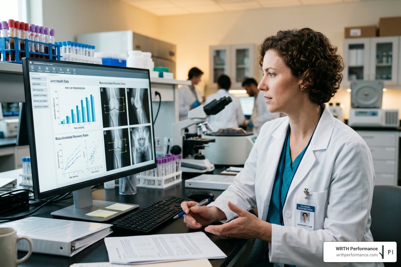 Clinical researcher analyzing joint health data and musculoskeletal recovery rates Clinical researcher analyzing joint health data and musculoskeletal recovery rates