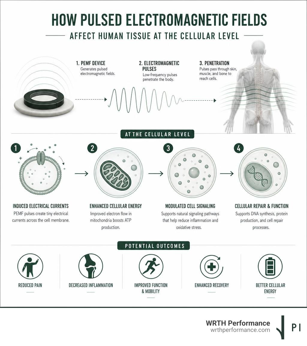 Infographic showing how pulsed electromagnetic fields affect human tissue at the cellular level infographic Infographic showing how pulsed electromagnetic fields affect human tissue at the cellular level infographic