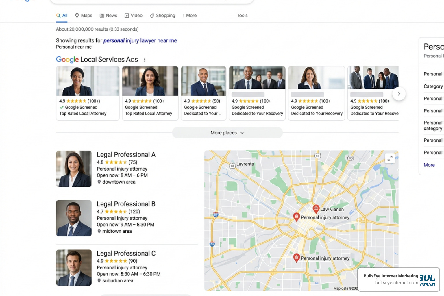 Search engine results page showing local map pack and Google Local Services Ads