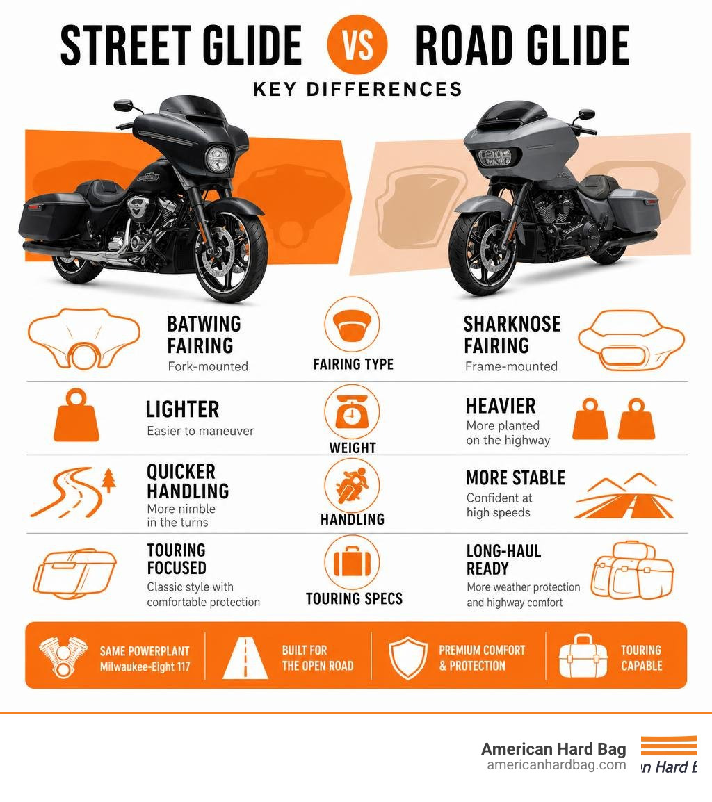 Street Glide vs Road Glide key differences infographic comparing fairing type, weight, handling, and touring specs Street Glide vs Road Glide key differences infographic comparing fairing type, weight, handling, and touring specs