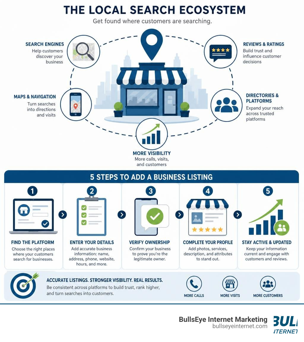 Infographic showing local search ecosystem platforms and steps to add a business listing infographic Infographic showing local search ecosystem platforms and steps to add a business listing infographic