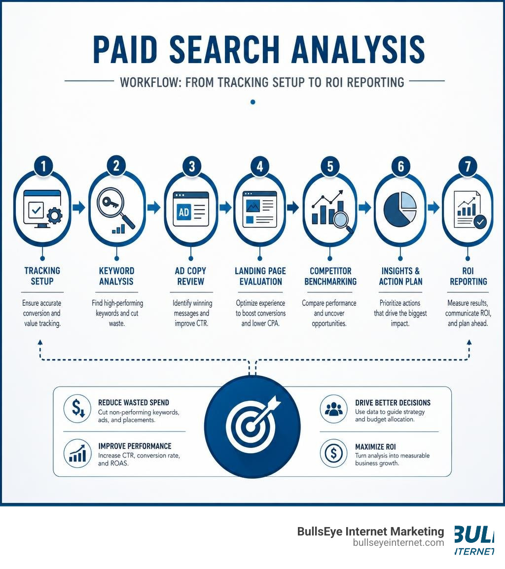 Paid search analysis workflow infographic showing steps from tracking setup to ROI reporting infographic