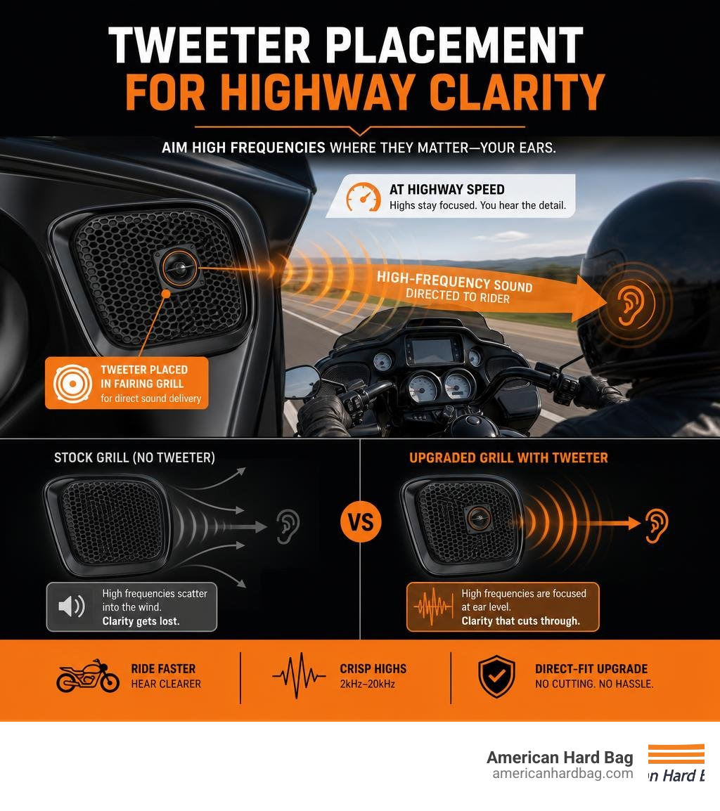 Infographic showing tweeter placement in Road Glide fairing grills and high-frequency sound direction at highway speed