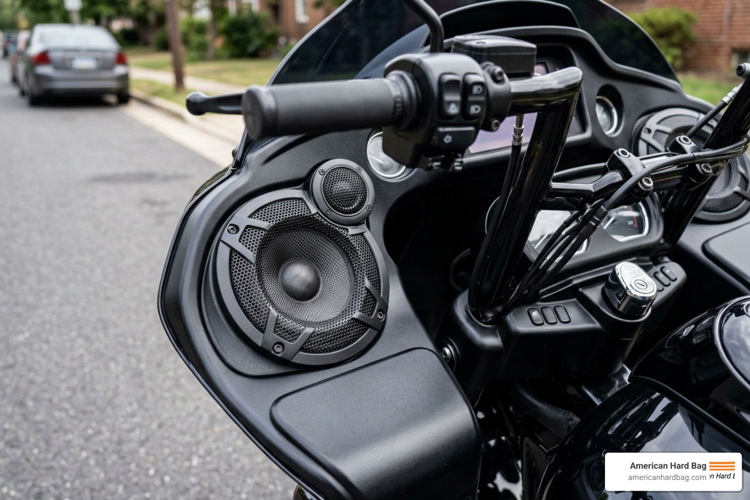 Completed Harley Road Glide front fairing audio setup with upgraded tweeter grills installed