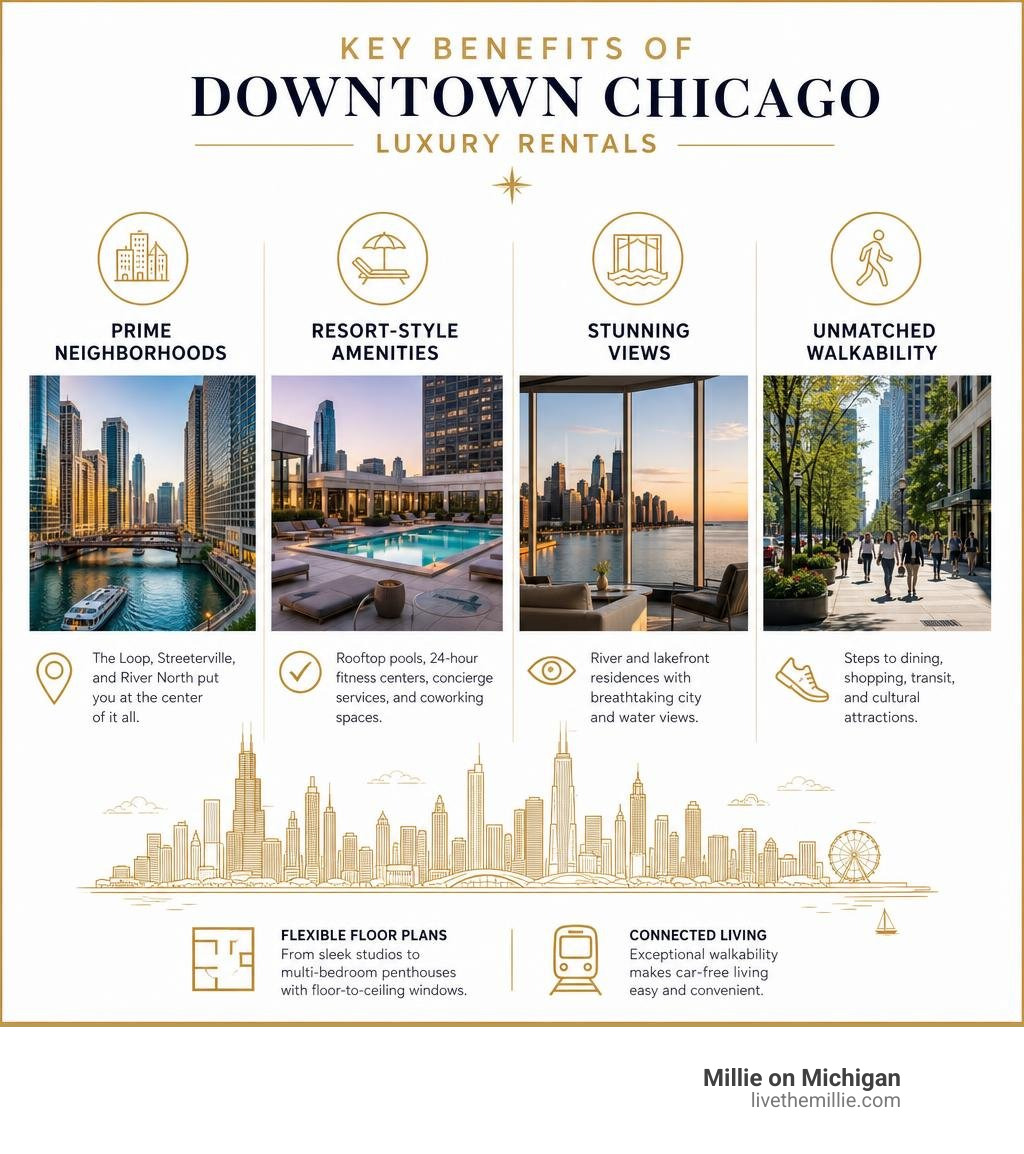 Infographic showing key benefits of downtown Chicago luxury rentals including neighborhoods, amenities, views, and Infographic showing key benefits of downtown Chicago luxury rentals including neighborhoods, amenities, views, and