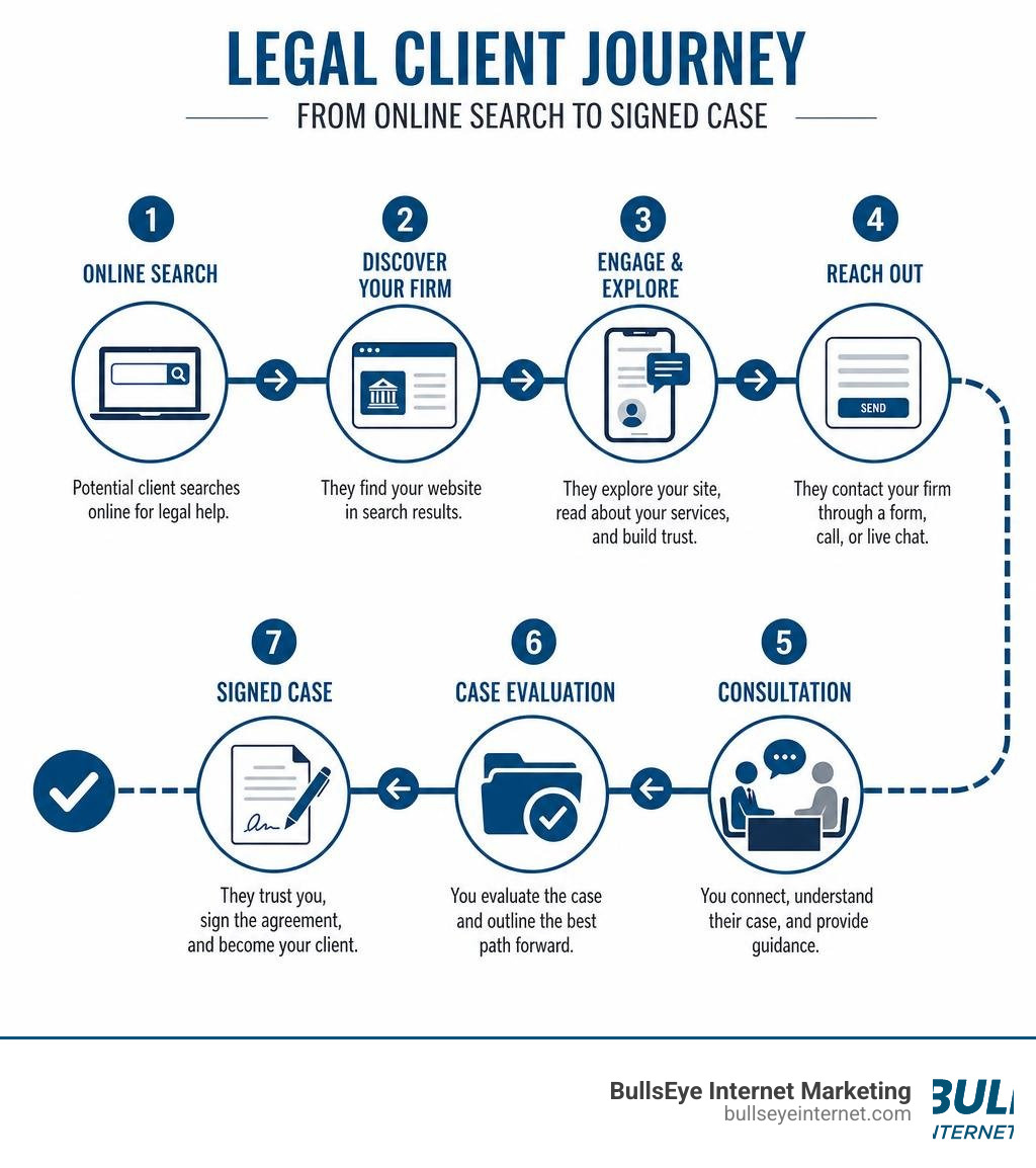 Legal client journey from online search to signed case infographic infographic