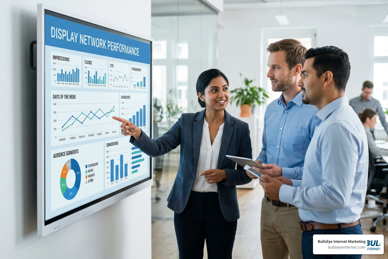 BullsEye Internet Marketing team discussing display network performance metrics and audience segments.