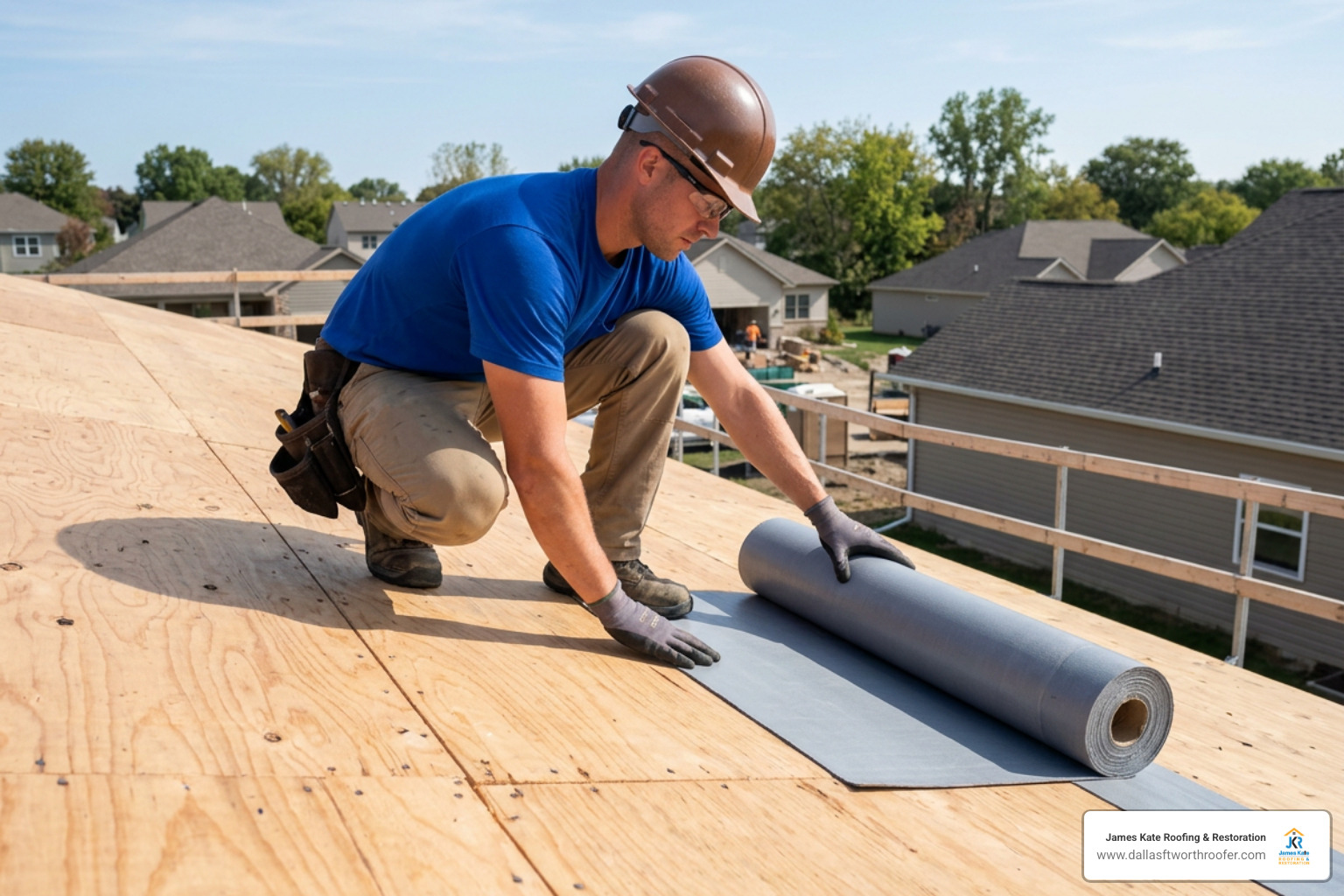 James Kate installer in a royal blue shirt rolling out a self-adhered leak barrier on a clean plywood deck James Kate installer in a royal blue shirt rolling out a self-adhered leak barrier on a clean plywood deck