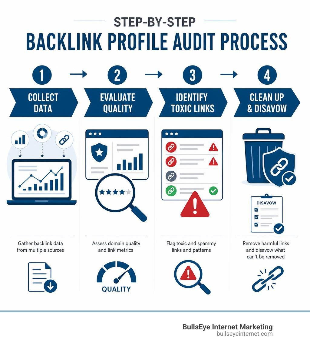 Step-by-step backlink profile audit process infographic showing data collection, quality evaluation, toxic link