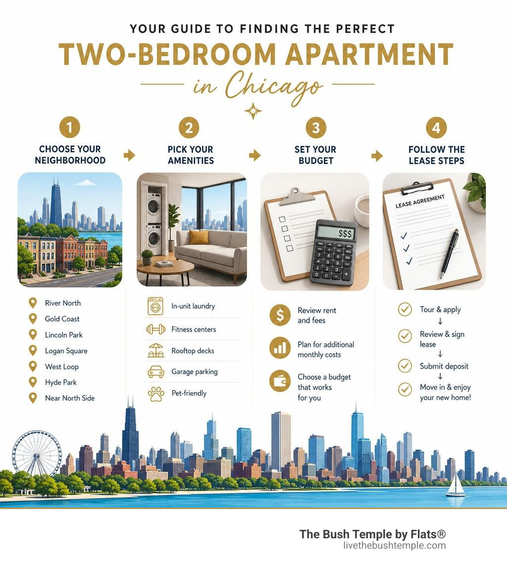 Infographic showing Chicago two-bedroom apartment search process: neighborhoods, amenities, and lease steps