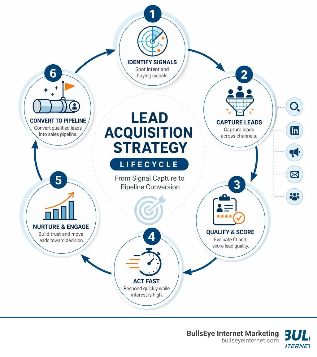 Lead acquisition strategy lifecycle infographic showing steps from signal capture to pipeline conversion infographic
