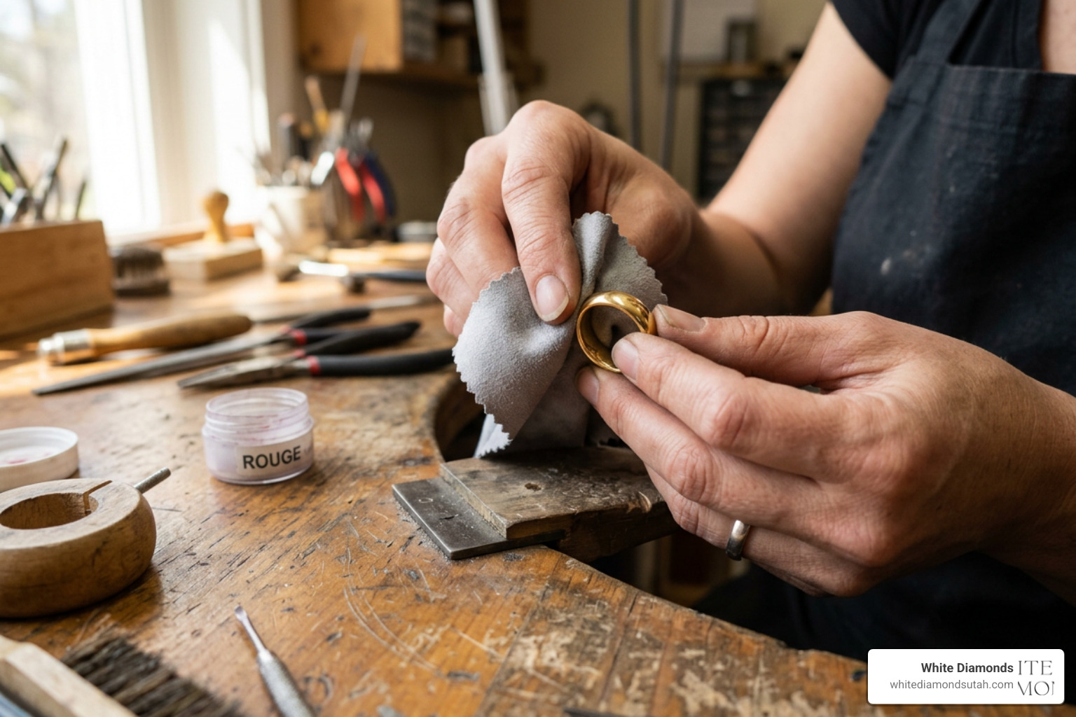 Jeweler polishing an 18k gold band