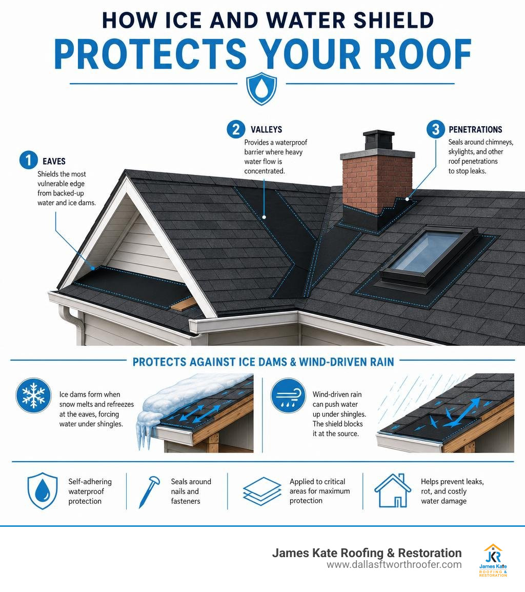 Infographic showing how ice and water shield protects roof eaves, valleys, and penetrations from ice dams and wind-driven Infographic showing how ice and water shield protects roof eaves, valleys, and penetrations from ice dams and wind-driven