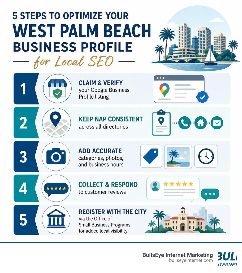 Infographic showing 5 steps to optimize a West Palm Beach business profile for local SEO infographic Infographic showing 5 steps to optimize a West Palm Beach business profile for local SEO infographic