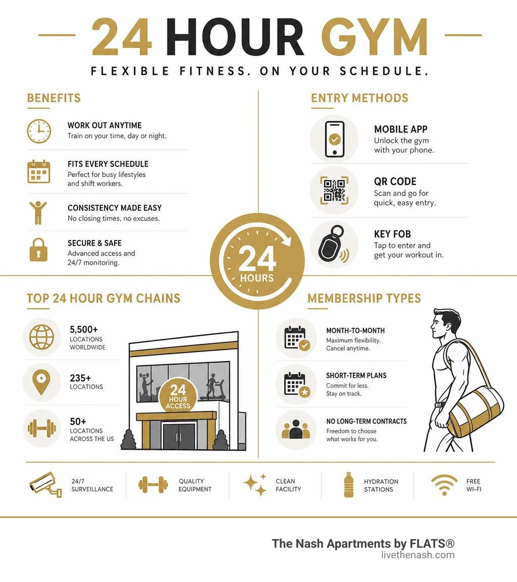 Infographic showing 24 hour gym access benefits, entry methods, top chains, and membership types infographic Infographic showing 24 hour gym access benefits, entry methods, top chains, and membership types infographic
