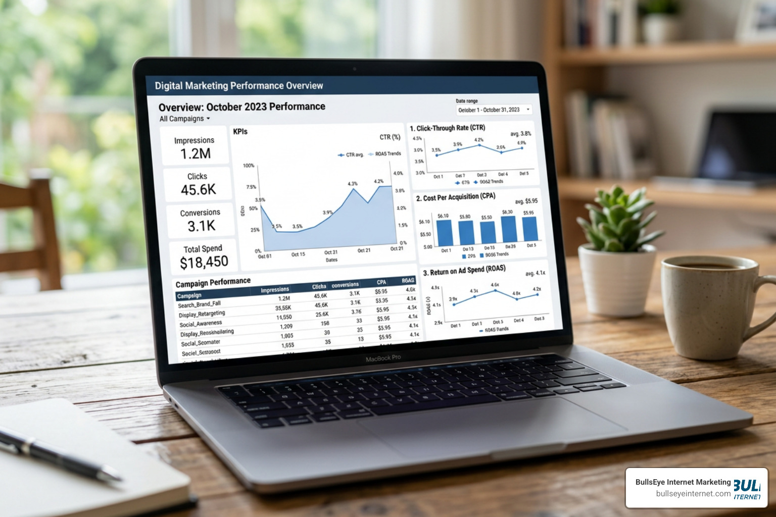 Key performance indicators dashboard displaying CTR, CPA, and ROAS