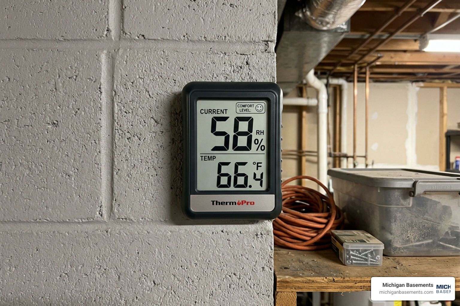 A digital hygrometer displaying relative humidity and temperature in a basement setting