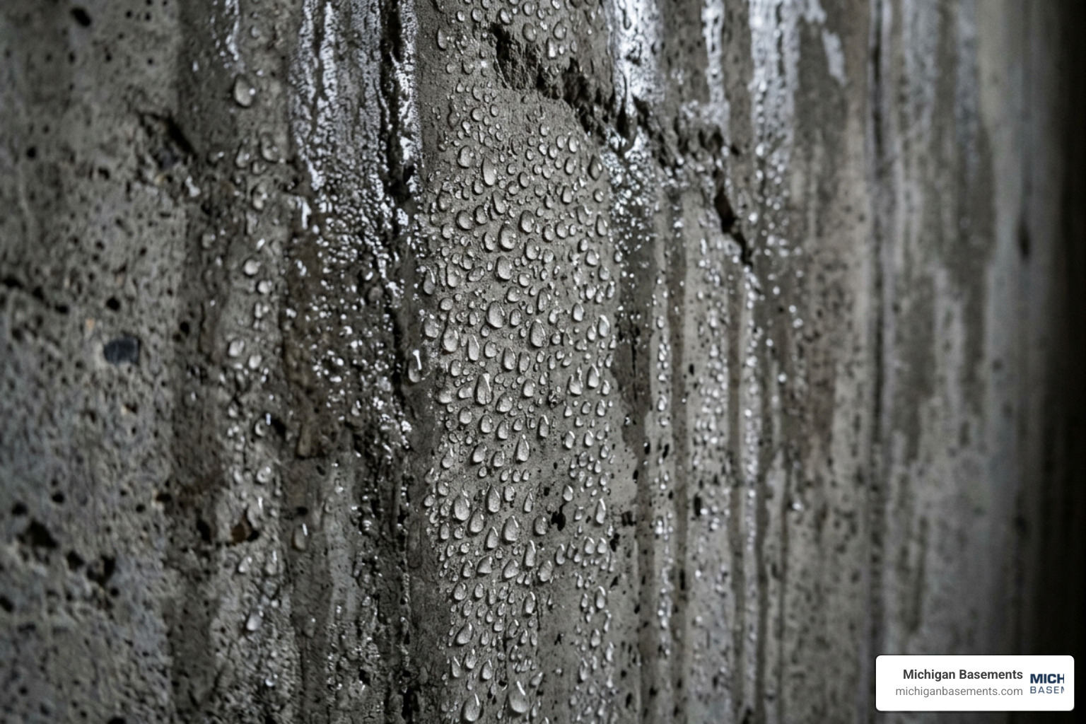 Condensation forming on a cold basement concrete wall due to high relative humidity
