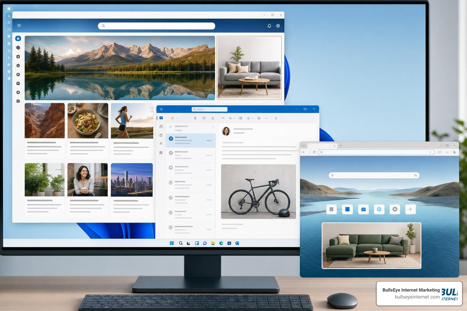 Desktop computer displaying Microsoft Audience Network ads and BullsEye Internet Marketing website.