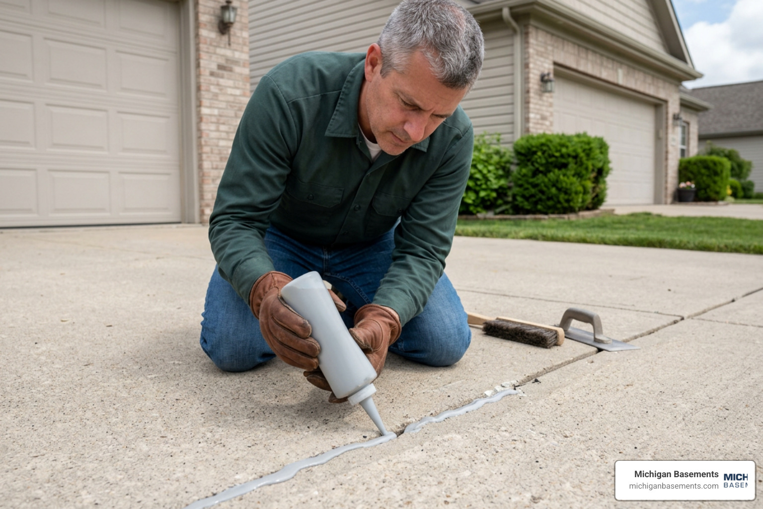 applying concrete crack filler to driveway gap