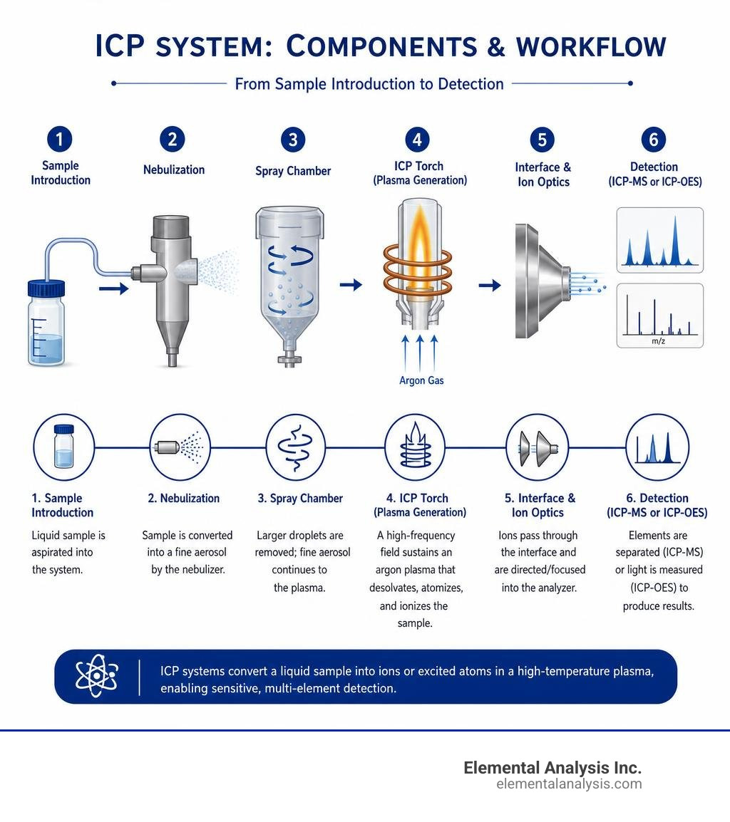 Basic components and workflow of an ICP system from sample introduction to detection infographic Basic components and workflow of an ICP system from sample introduction to detection infographic