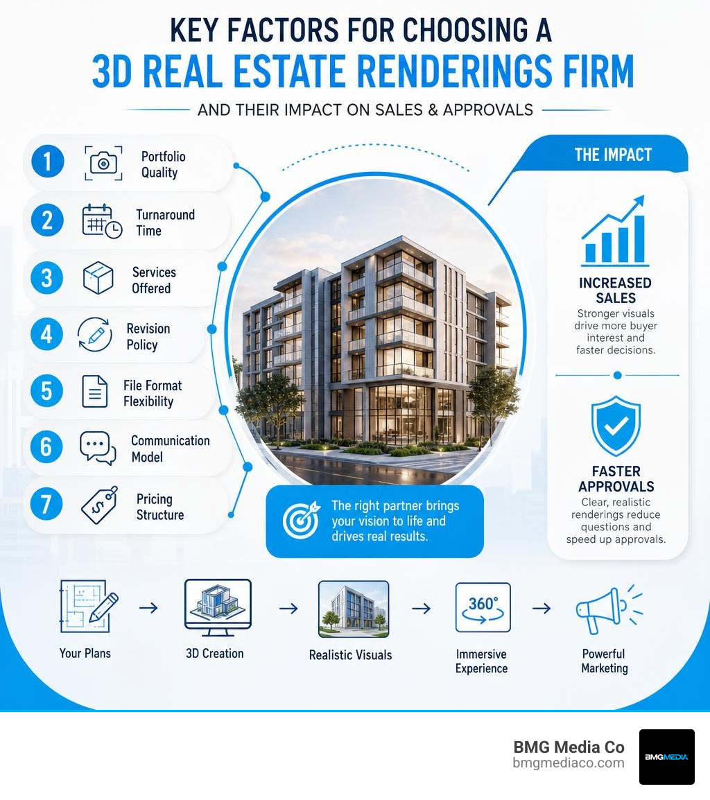 Key factors for choosing a 3D real estate renderings firm and their impact on sales and approvals infographic