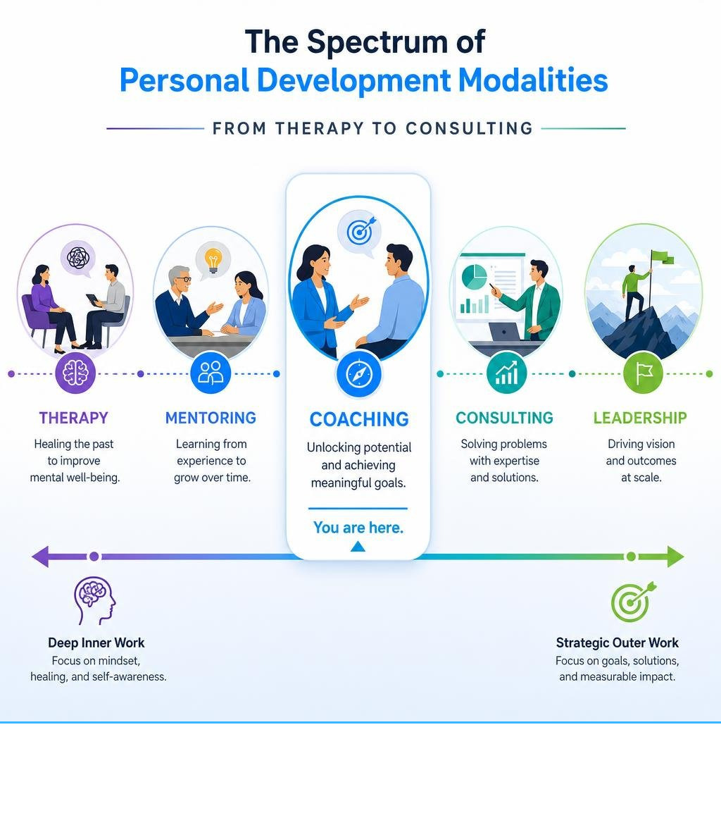 Spectrum of personal development modalities from therapy to consulting with coaching in the center infographic Spectrum of personal development modalities from therapy to consulting with coaching in the center infographic