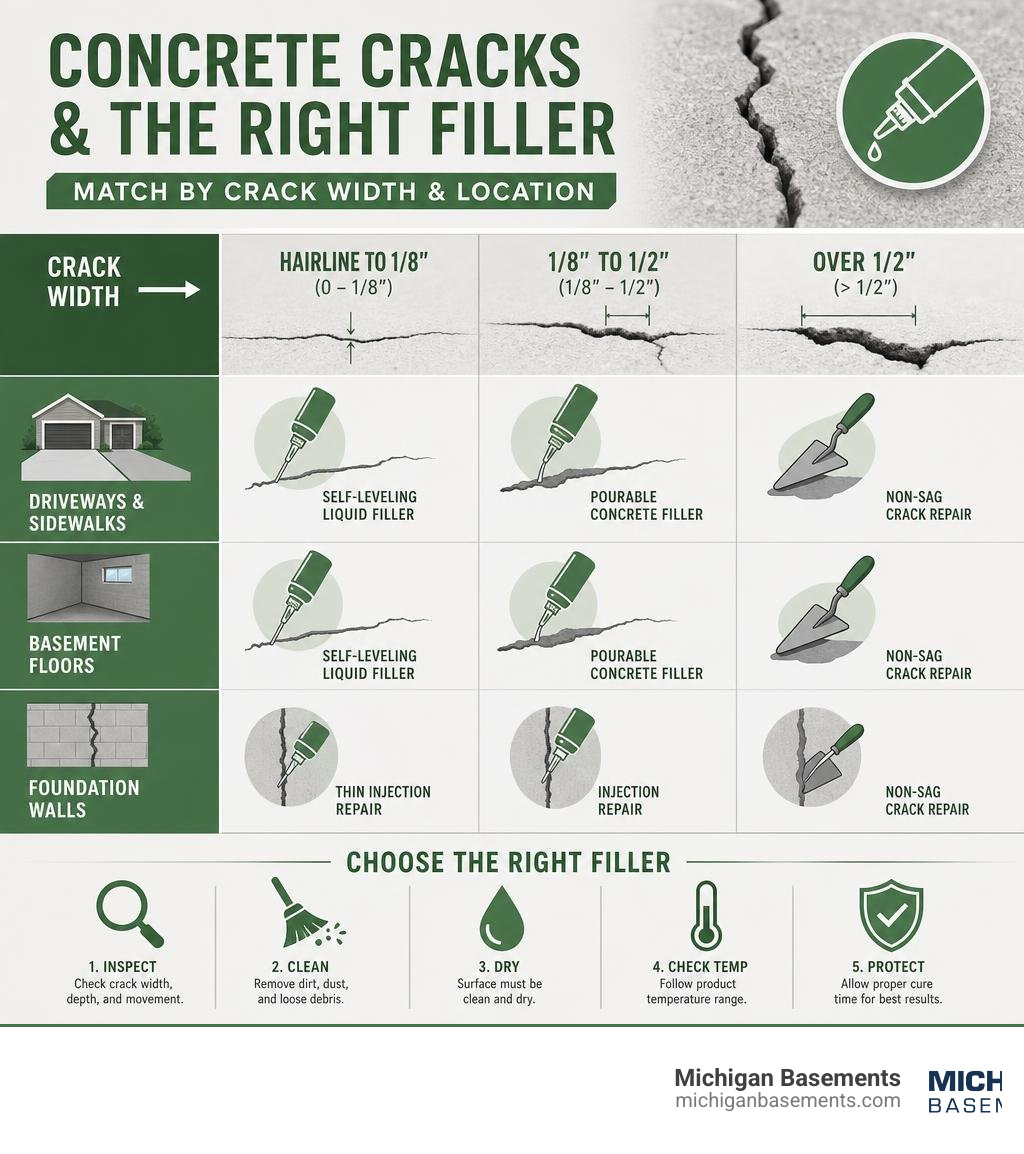 infographic showing concrete crack types and matching filler products by crack width and location infographic