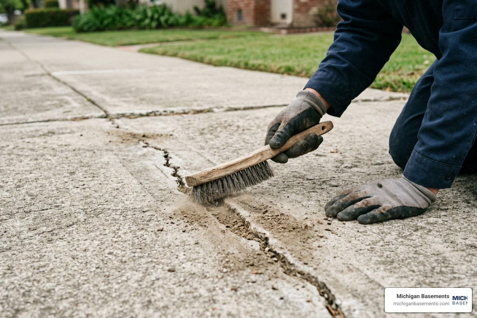 cleaning concrete crack before repair with wire brush