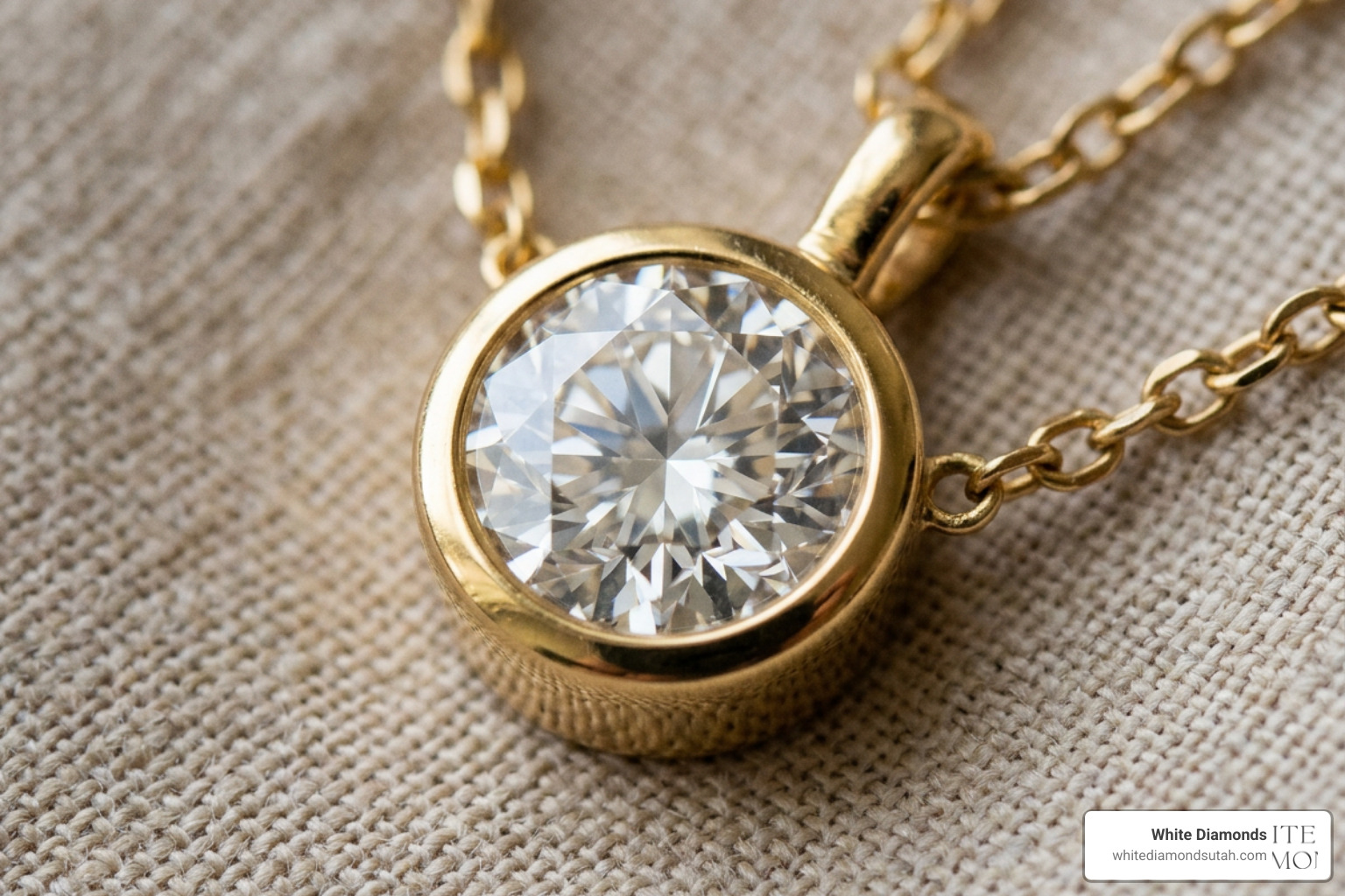 Bezel-set diamond in 24k gold necklace showing secure protective rim Bezel-set diamond in 24k gold necklace showing secure protective rim