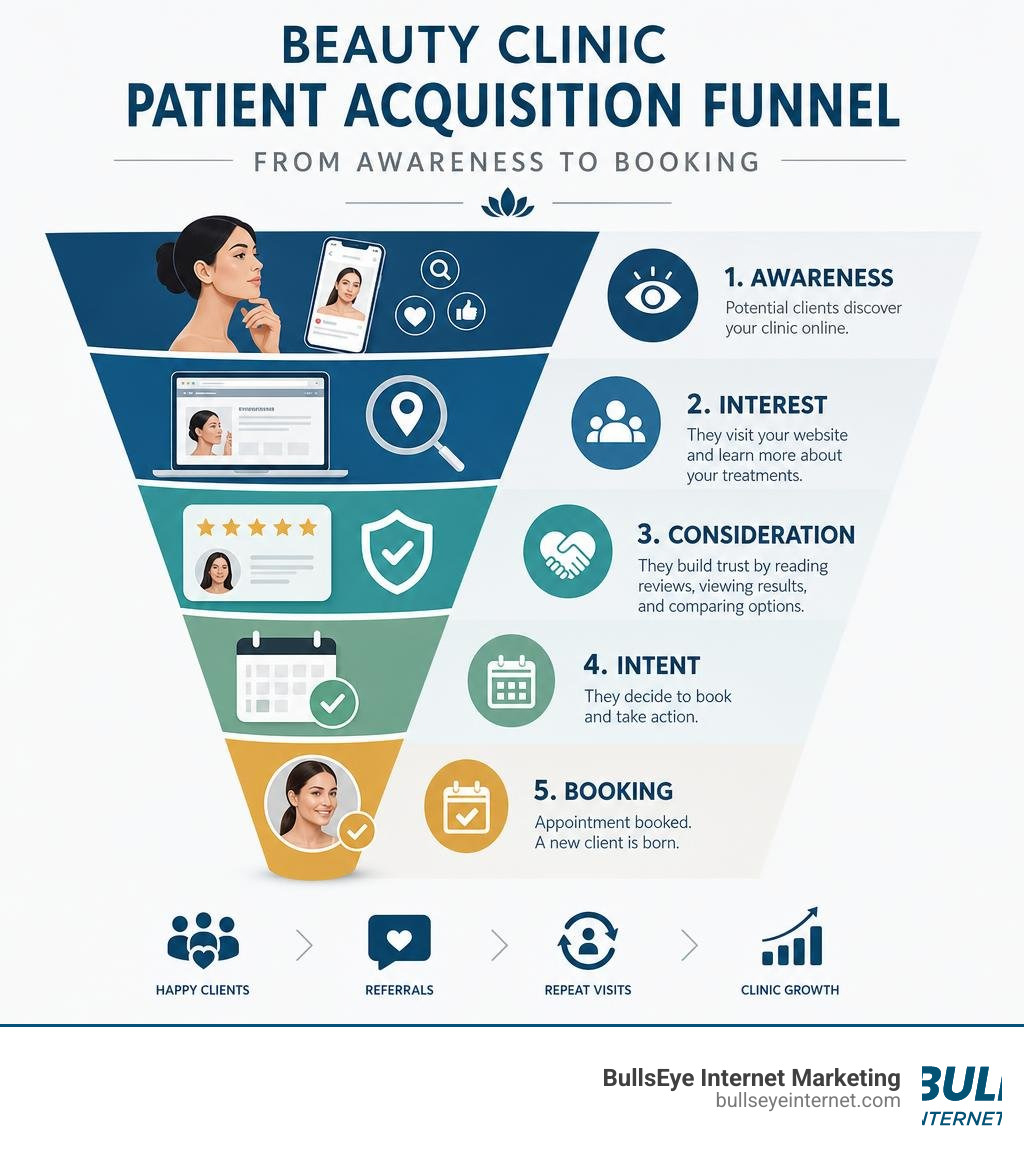 Beauty clinic patient acquisition funnel from awareness to booking infographic infographic