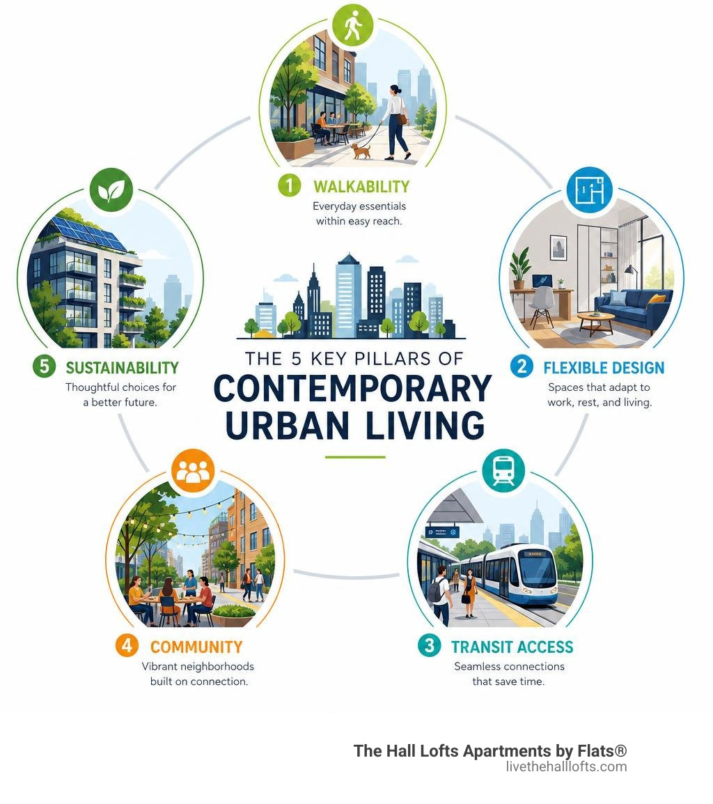 Infographic: key pillars of contemporary urban living — walkability, flexible design, transit access, community