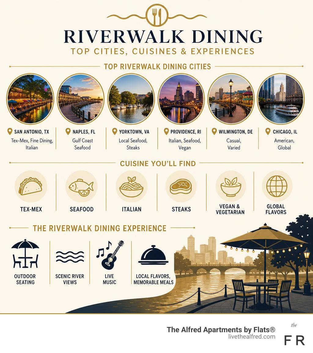 Infographic showing top riverwalk dining cities, cuisine types, and key features like live music and outdoor seating Infographic showing top riverwalk dining cities, cuisine types, and key features like live music and outdoor seating