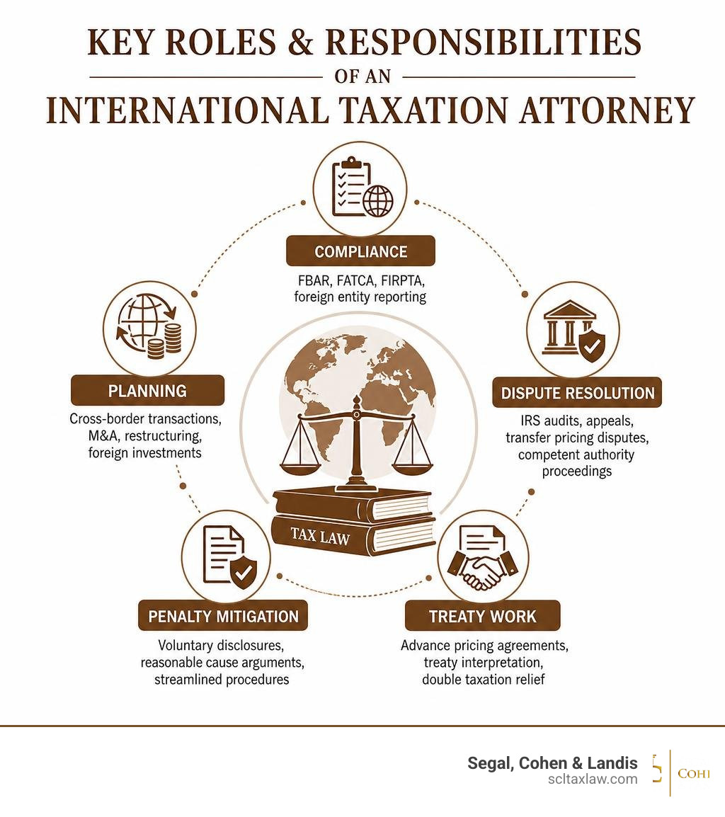 Key roles and responsibilities of an international taxation attorney infographic infographic