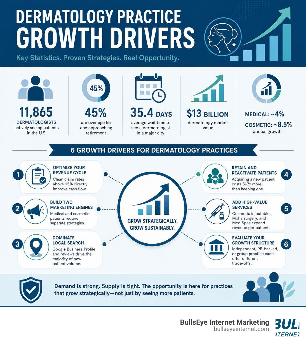 Dermatology practice growth drivers infographic showing key statistics and growth strategies infographic Dermatology practice growth drivers infographic showing key statistics and growth strategies infographic
