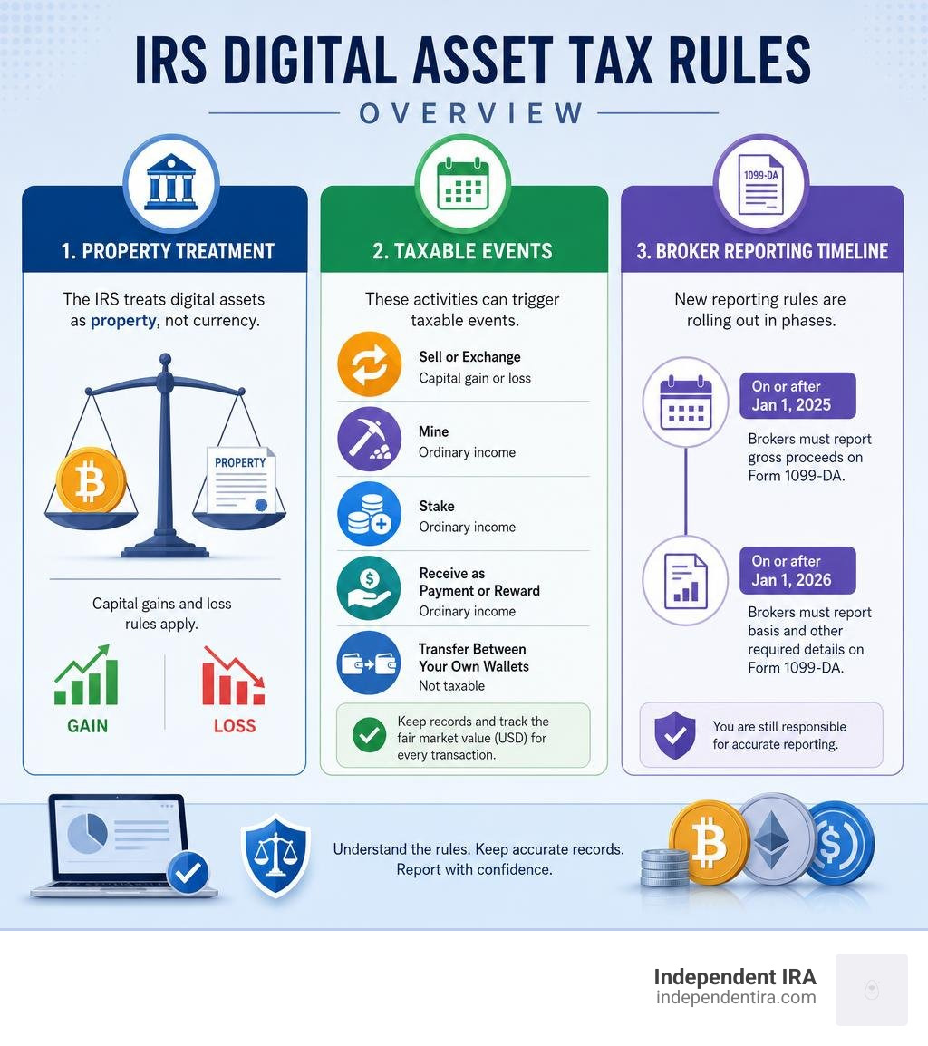IRS digital asset tax rules overview: property treatment, taxable events, broker reporting timeline infographic IRS digital asset tax rules overview: property treatment, taxable events, broker reporting timeline infographic