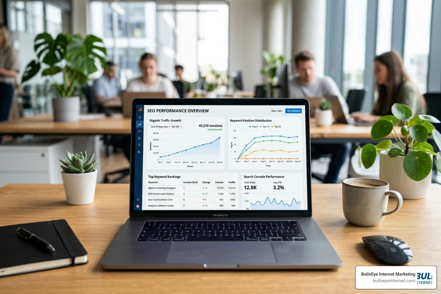 SEO performance overview dashboard displaying organic traffic, keyword position distribution, and search console data.