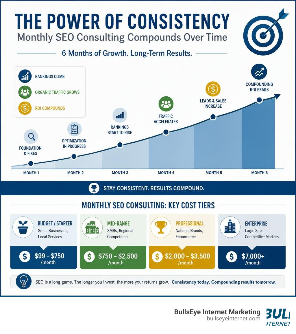 Monthly SEO consulting compounding growth over time: rankings, traffic, leads, and ROI increasing with consistency.