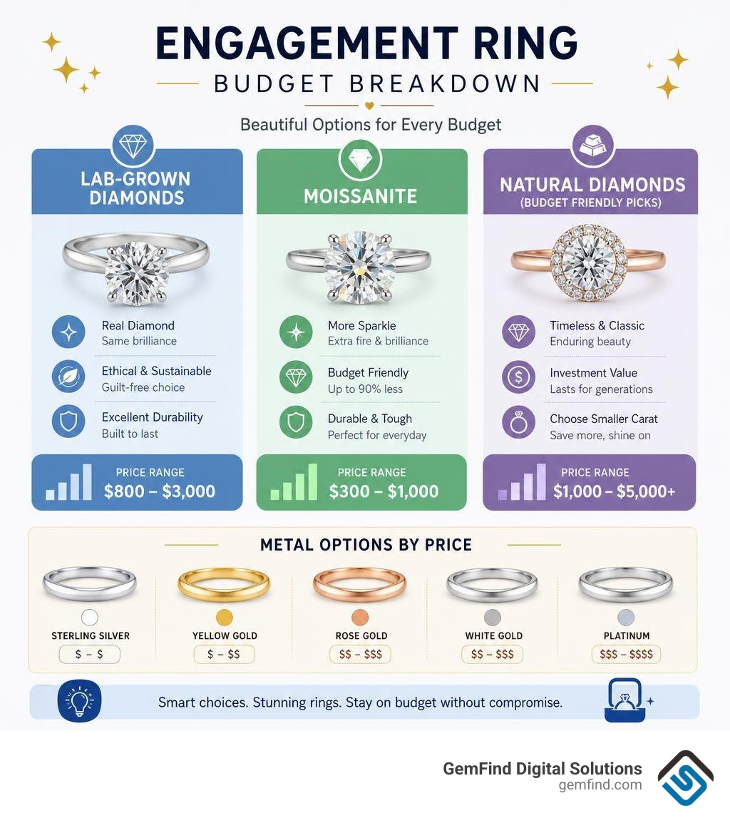 Infographic showing engagement ring budget breakdown: lab-grown diamonds, moissanite, and metal options by price range
