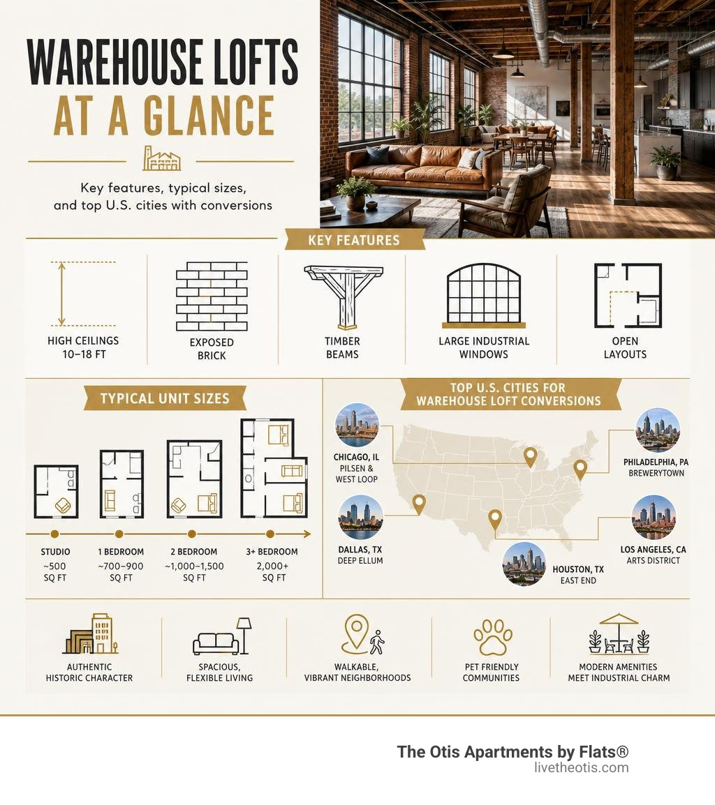 Infographic showing warehouse loft key features, typical sizes, and top US cities with conversions infographic